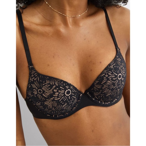AERIE SUNNIE DEMI BLOSSOM LACE STRAPPY PUSH-UP BRA (BLACK) - Picture 4 of 6